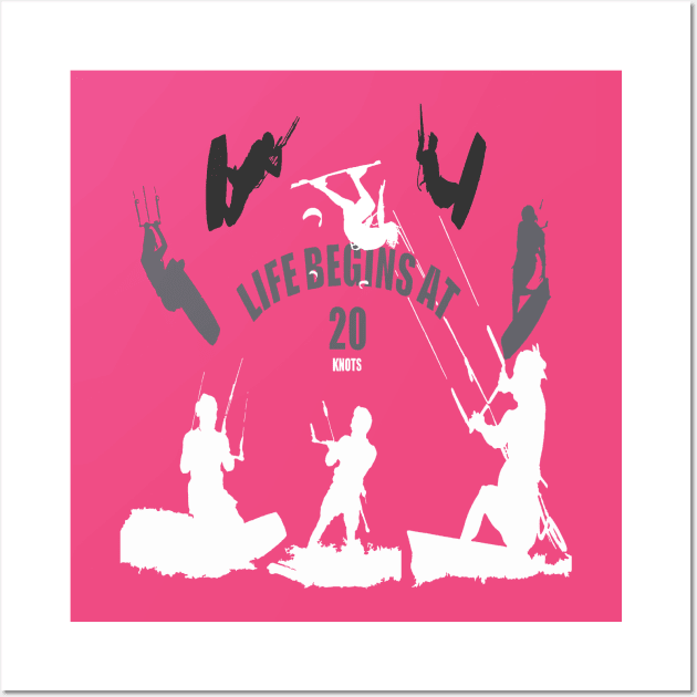 Life Begins At Twenty Knots For Kitesurfers White Silhouette Wall Art by taiche